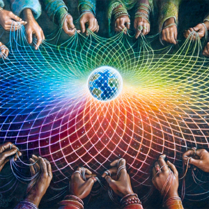 Abstract visualization of a global, interconnected neural network representing the shared human psyche