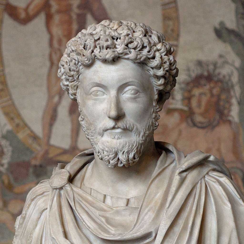 A classical marble bust of a Roman philosopher emperor reflecting deep inner wisdom and restraint