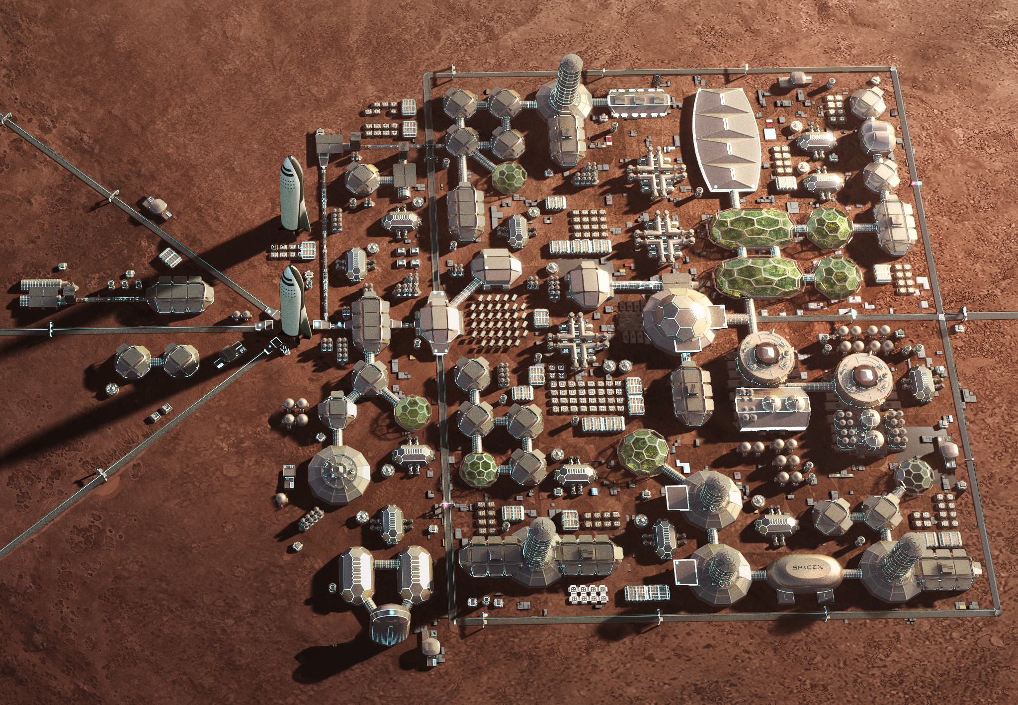Futuristic modular habitats and research domes established on the crimson plains of Mars