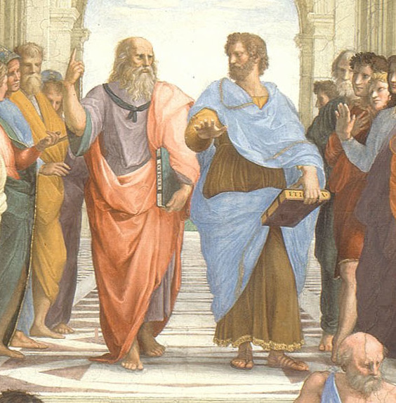 Classical representation of ancient Athenian philosophers engaged in rigorous dialectical debate